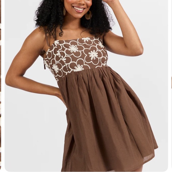 Pink Lily Dresses & Skirts - Pink Lily Brown Embroidered Floral Dress Spaghetti Straps Back Zip NWOT Large